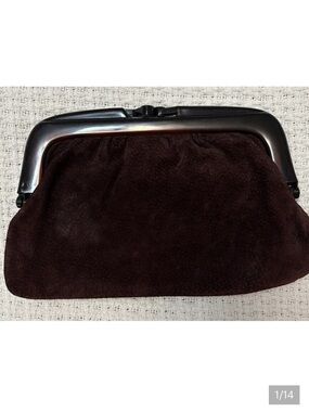 VINTAGE suede clutch purse hinged opening lucite closure burgundy merlot OS